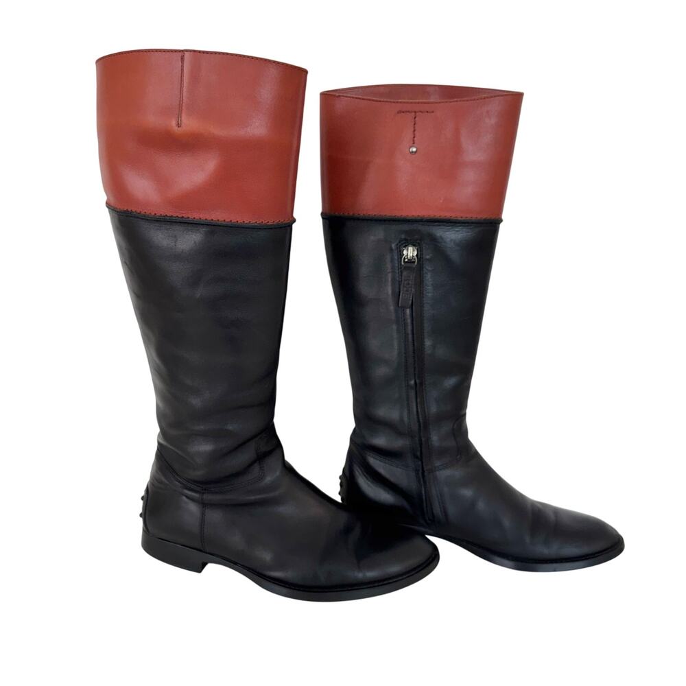Tod's Leather Knee-High Zipper Riding Boots Black Rust Brown Size 38 (US 8)